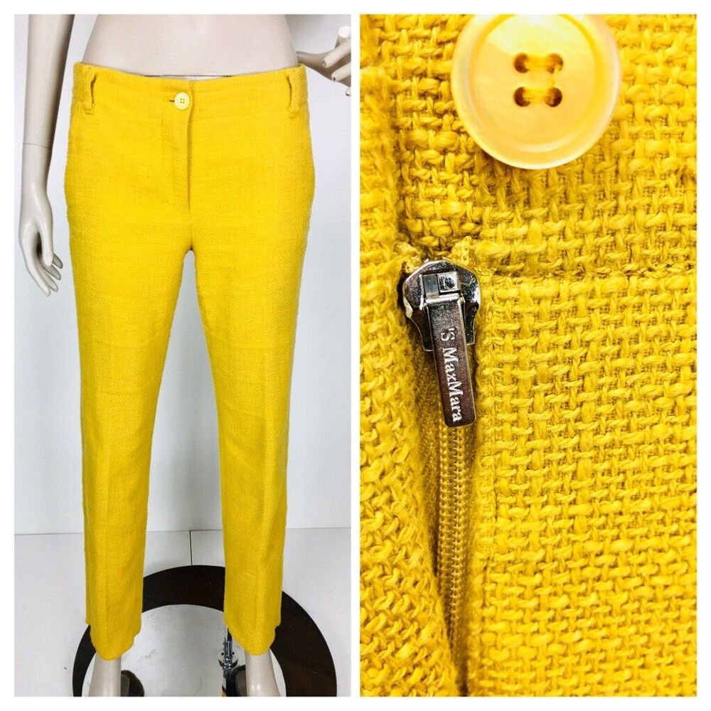 Max Mara Gold Mustard Woven Textured Trouser Pants Women's Size 4